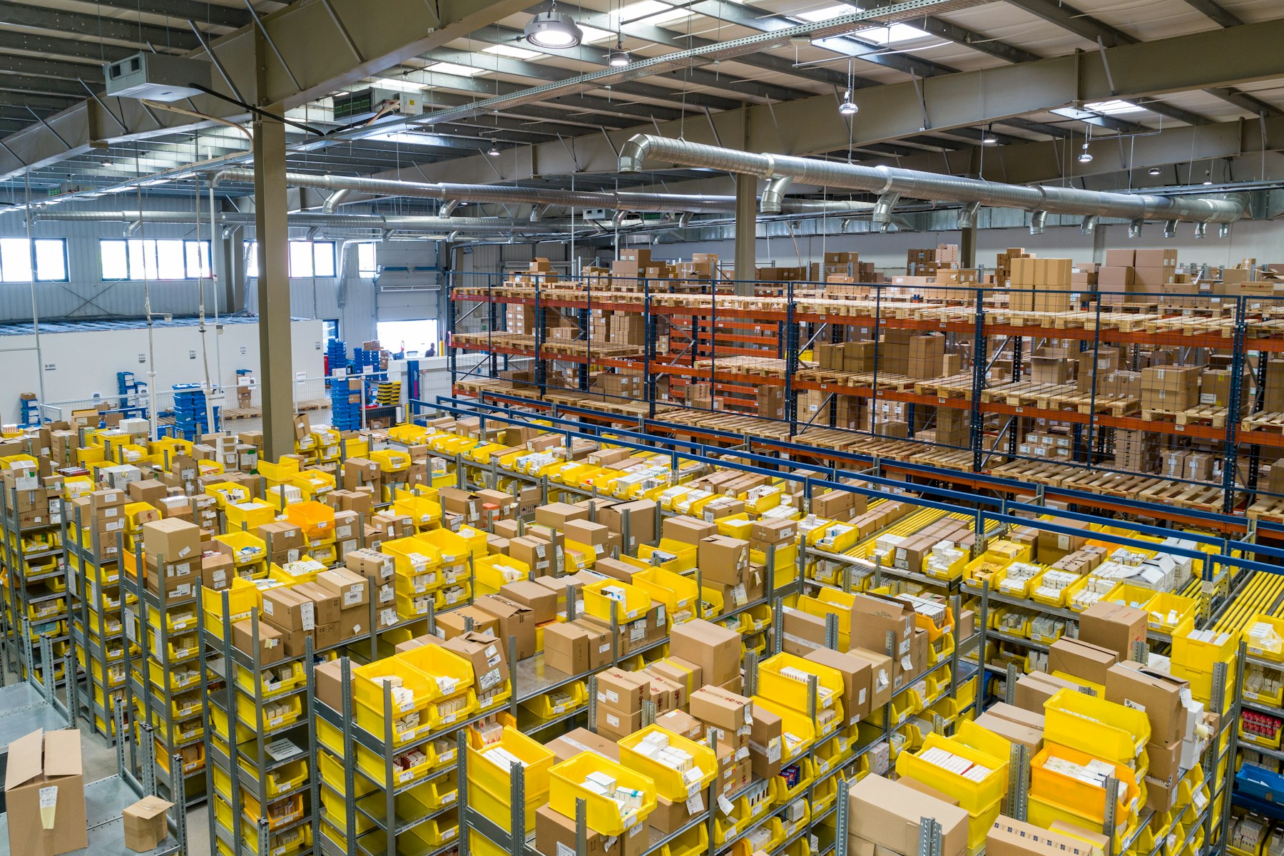 Shelves of packaged goods in a distribution environment