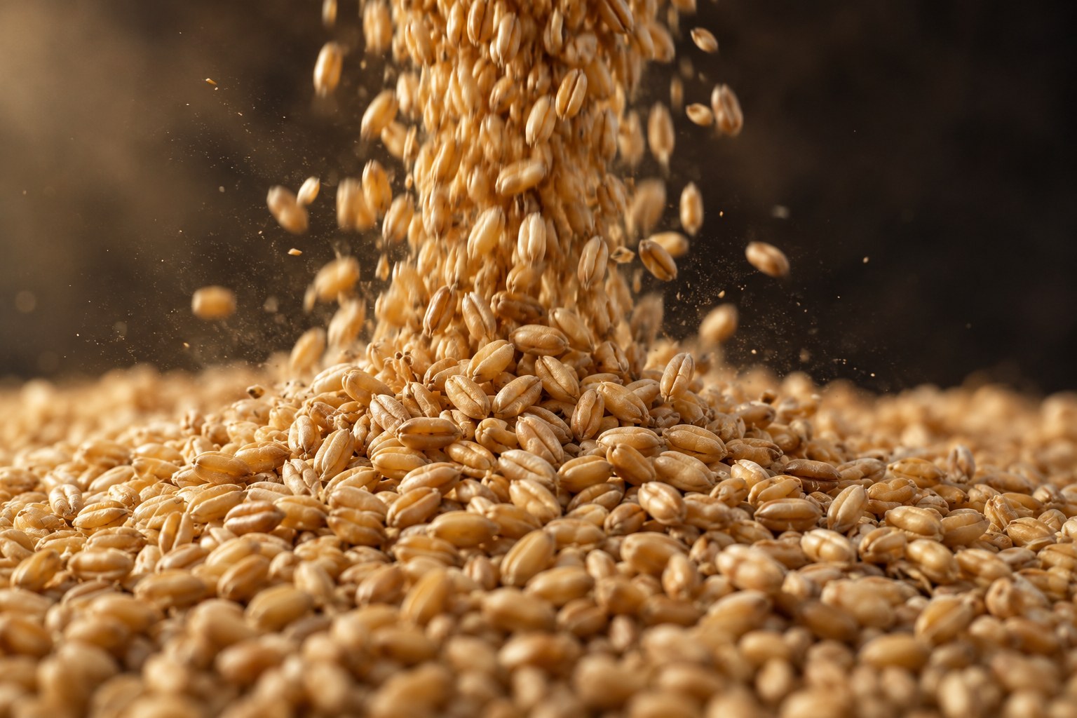 Golden wheat pouring onto a mound of grain