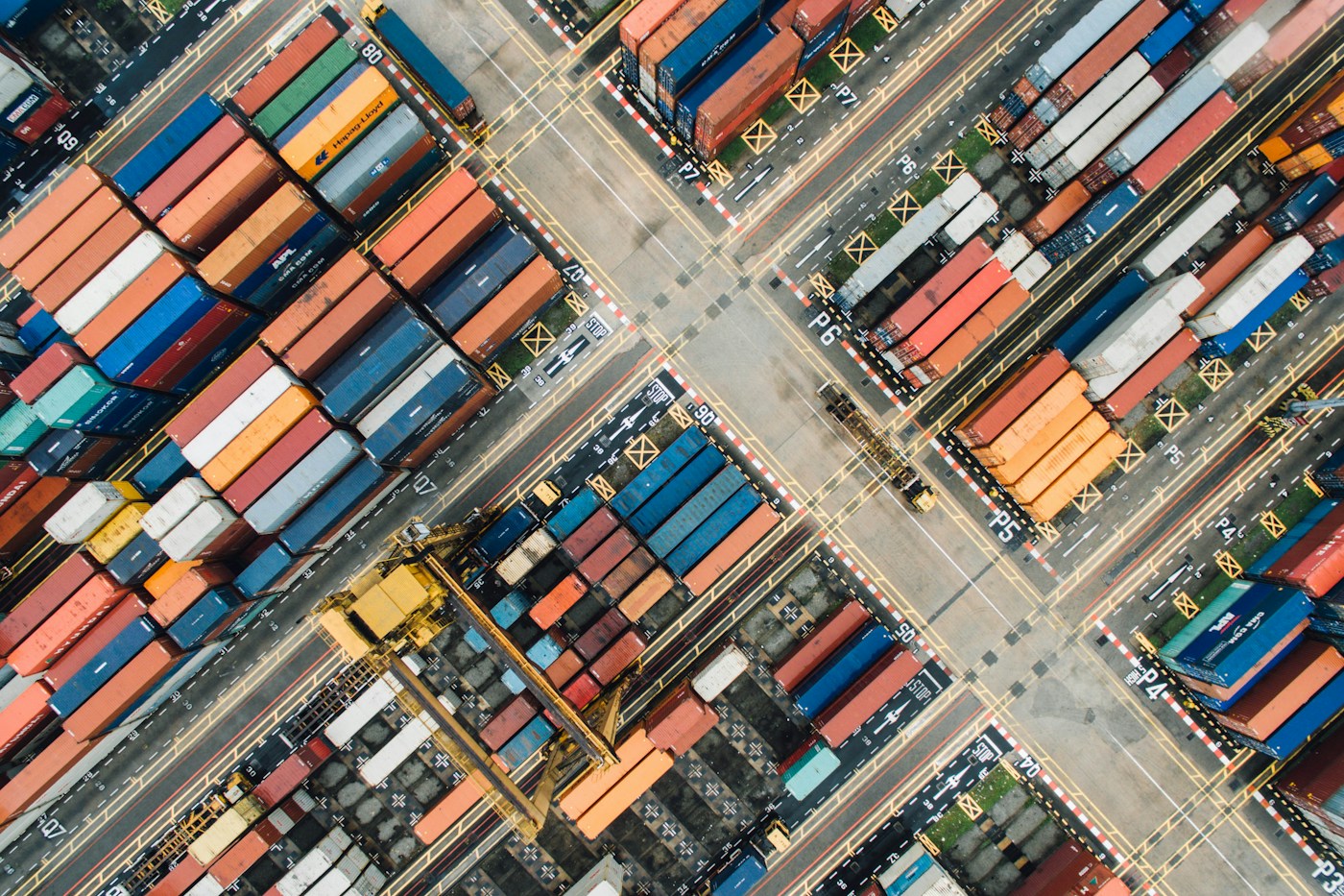 Aerial view of shipping containers at a port